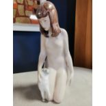 Royal Dux Bohemia Nude Girl w/cat Figure, designed by Cernoch, 22cm high