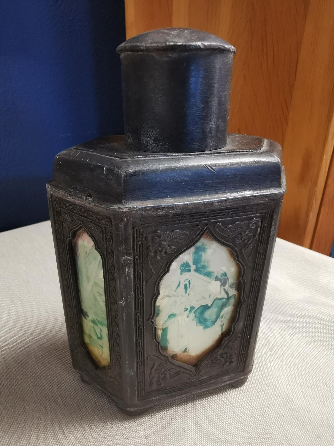 Antique Chinese Pewter & Glass Panelled Tea Caddy