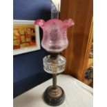 1930's Duplex Oil Lamp w/ornate Pink Fluted Shade