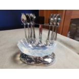 1930's French Art Deco Oyster Pick Set w/opalescent glass dish - 11.5cm high