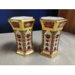 Pair of Old Imari Royal Crown Derby Hexagonal Based Vases