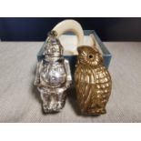 Mid-Century Hallmarked Chester Silver Baby's Rattle + Brass Owl Vesta