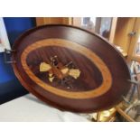 Edwardian Marquetry Mahogany Oval Tray w/a musical motif & brass handles