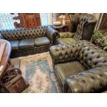 3pc Green Leather Chesterfield Lounge Sofa Suite inc Wingback Chair