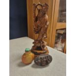 Trio of a Chinese Carved Deity, Scent Bottle & a Carved Wooden Trinket Box