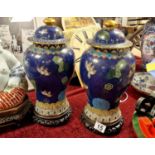 Pair of Early 19th Century Chinese Qing Dynasty Large Blue Cloisonne Vases & Bases