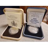 Pair of Queen Mother Commorative Silver Proof Crown Coins -57g approx