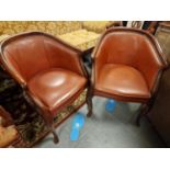 Pair of Red Leather Backed and Studded Tub Armchairs