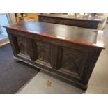 Very Large Early Victorian Carved Blanket Box/Mule Chest with a part-leather top