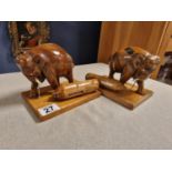 Pair of Decorative Wooden Elephant Desk Paperweights w/'India 1943' detail
