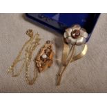 9ct Gold Mourning Brooch and Chain + a Citrine Floral Brooch - 7.6g