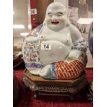 Chinese Famille Rose Porcelain Buddha (Budai) inc an earlier, possibly 18th Century Wooden base