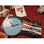 Vintage Automobiia Champion Spark Plus Garage Clock and Business Hours Advertising Sign