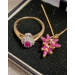 9ct Gold, Diamond & Ruby Dress Ring (m+0.5) & Necklace