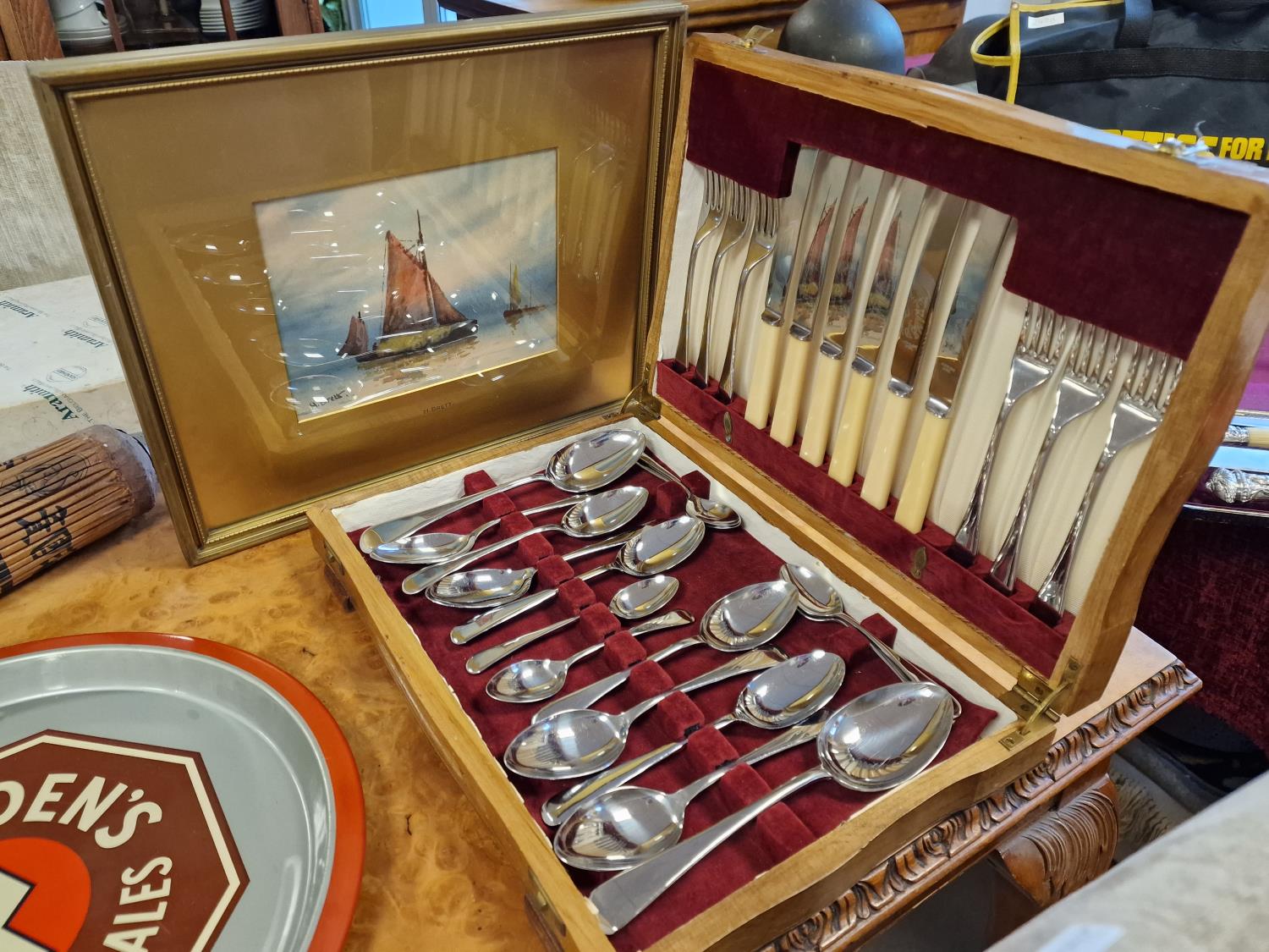 Good Quality Canteen of Cutlery + a Maritime Watercolour by H Brett