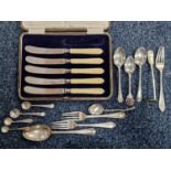 Collection of Hallmarked Silver Spoons and Forks + a Cased Set of Silver Collared Knives