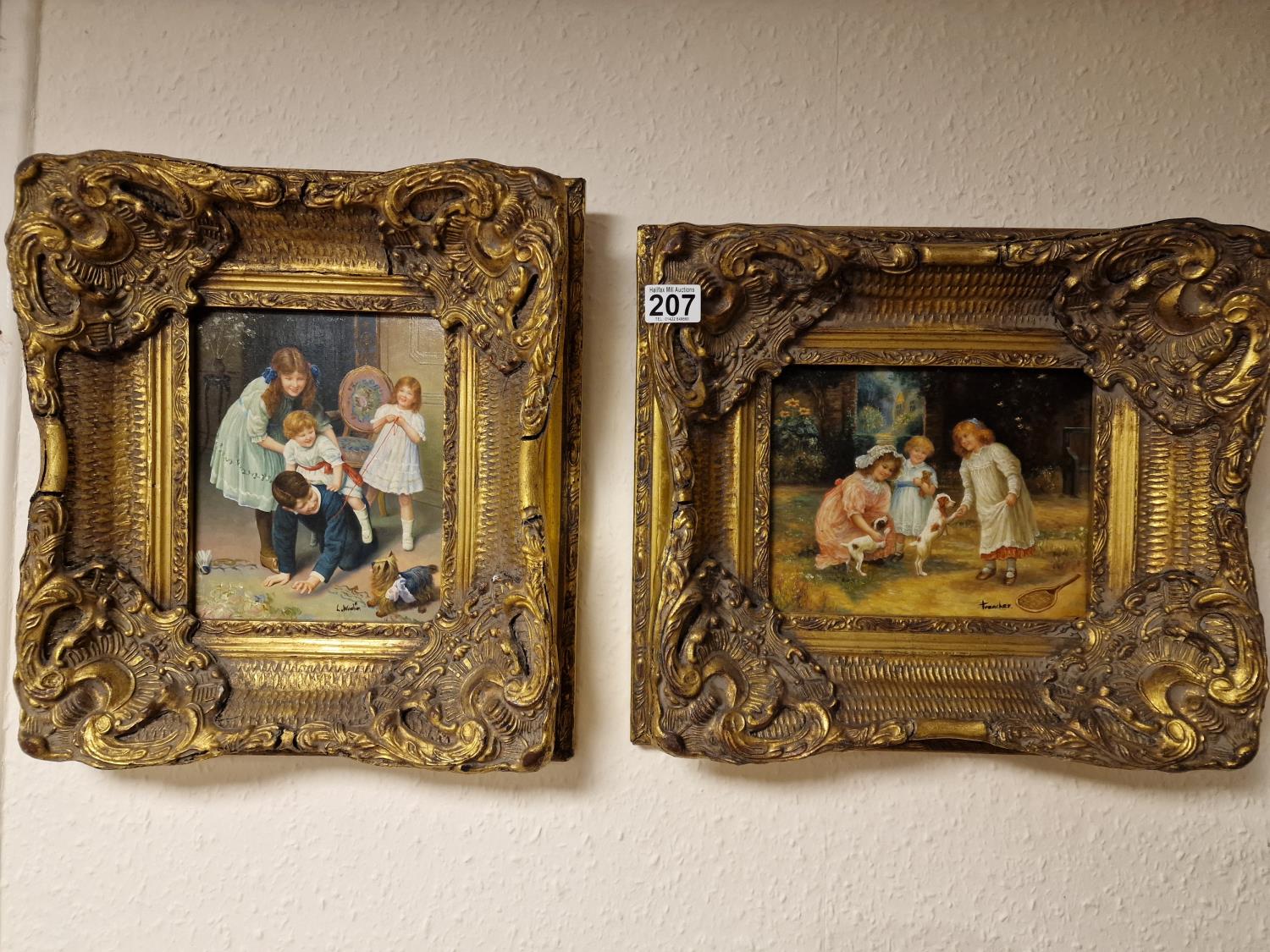 Pair of Antique Ornately Gilt Framed Childhood Victorian Scenes, signed 'Treacher' & 'L Wolson', bot