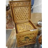 Mid-Century Chinese Box-in-Box Bamboo Lattice Containers w/Buddha & Netsuke Seed Carvings