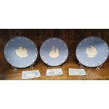 Set of 3 Wedgwood Jasperware plates, comprising Battle of Concord, Boston Tea Party, Declaration Sig