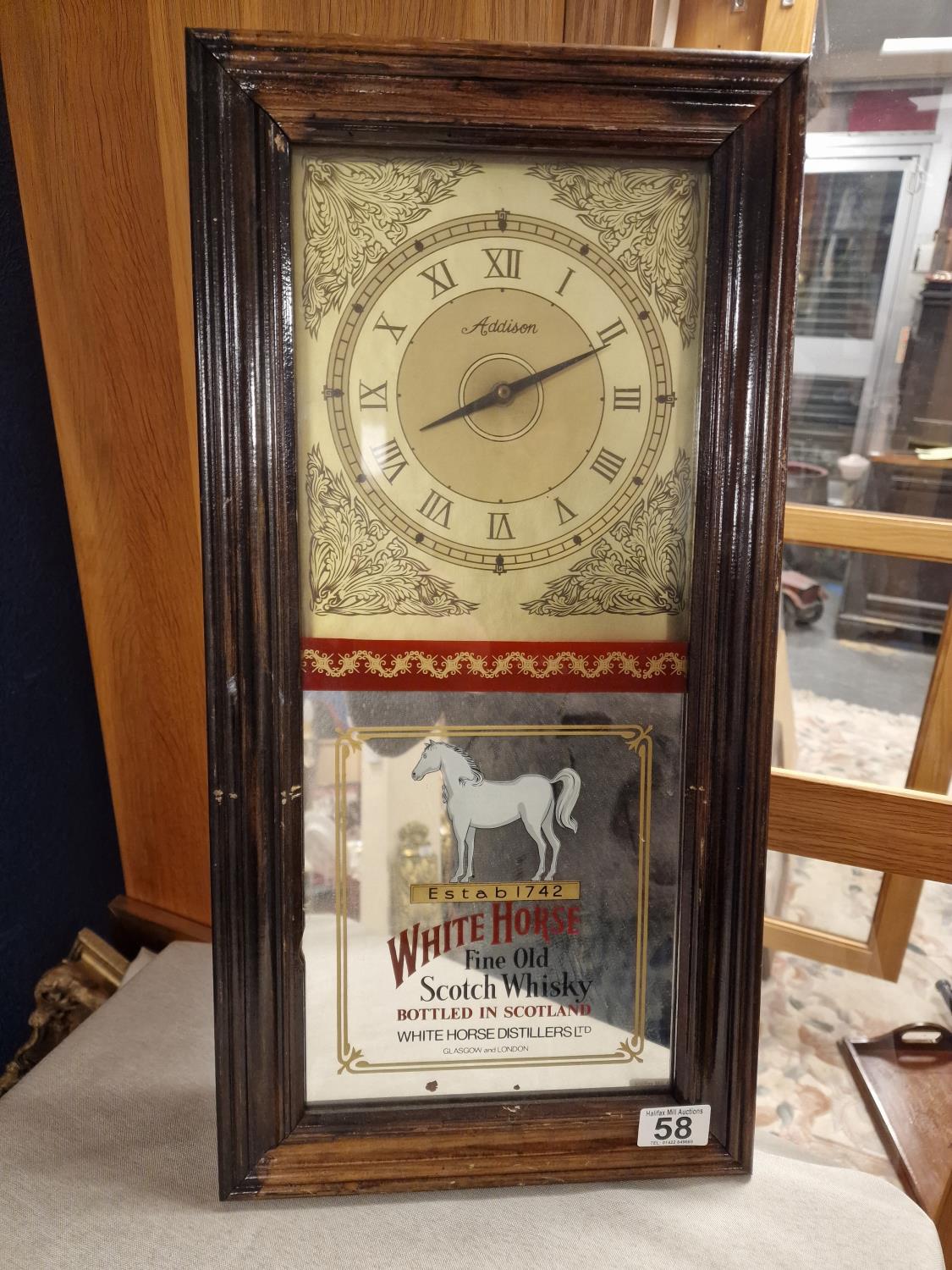 Vintage Addison Wall Clock/White Horse Whisky Mirror - 56x28cm