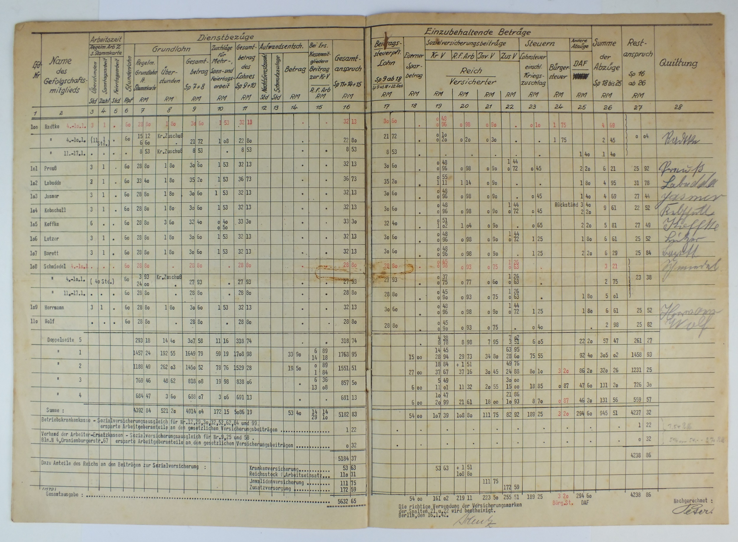 German Third Reich Reich Chancellery Berlin Payroll, 1942 - Image 5 of 5