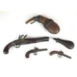 Two percussion pocket pistols, a flintlock pistol and two flasks