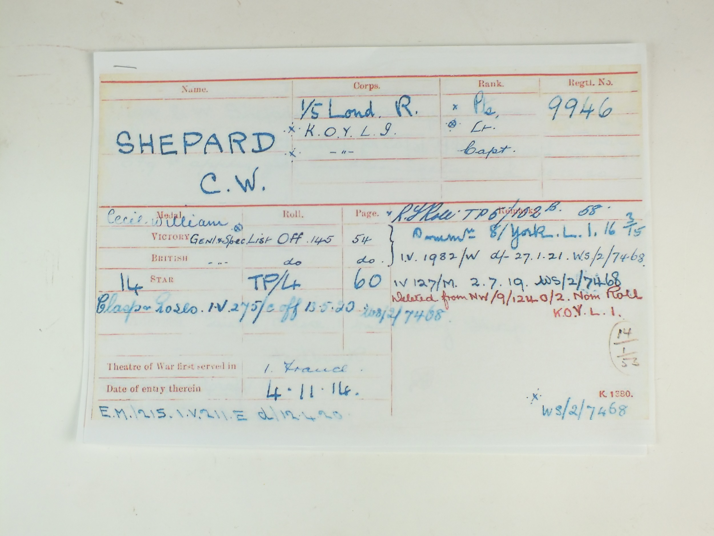 WW1 Mons Star Trio awarded to Capt. C.W Shepard, 1/5th London Regiment - Image 12 of 14