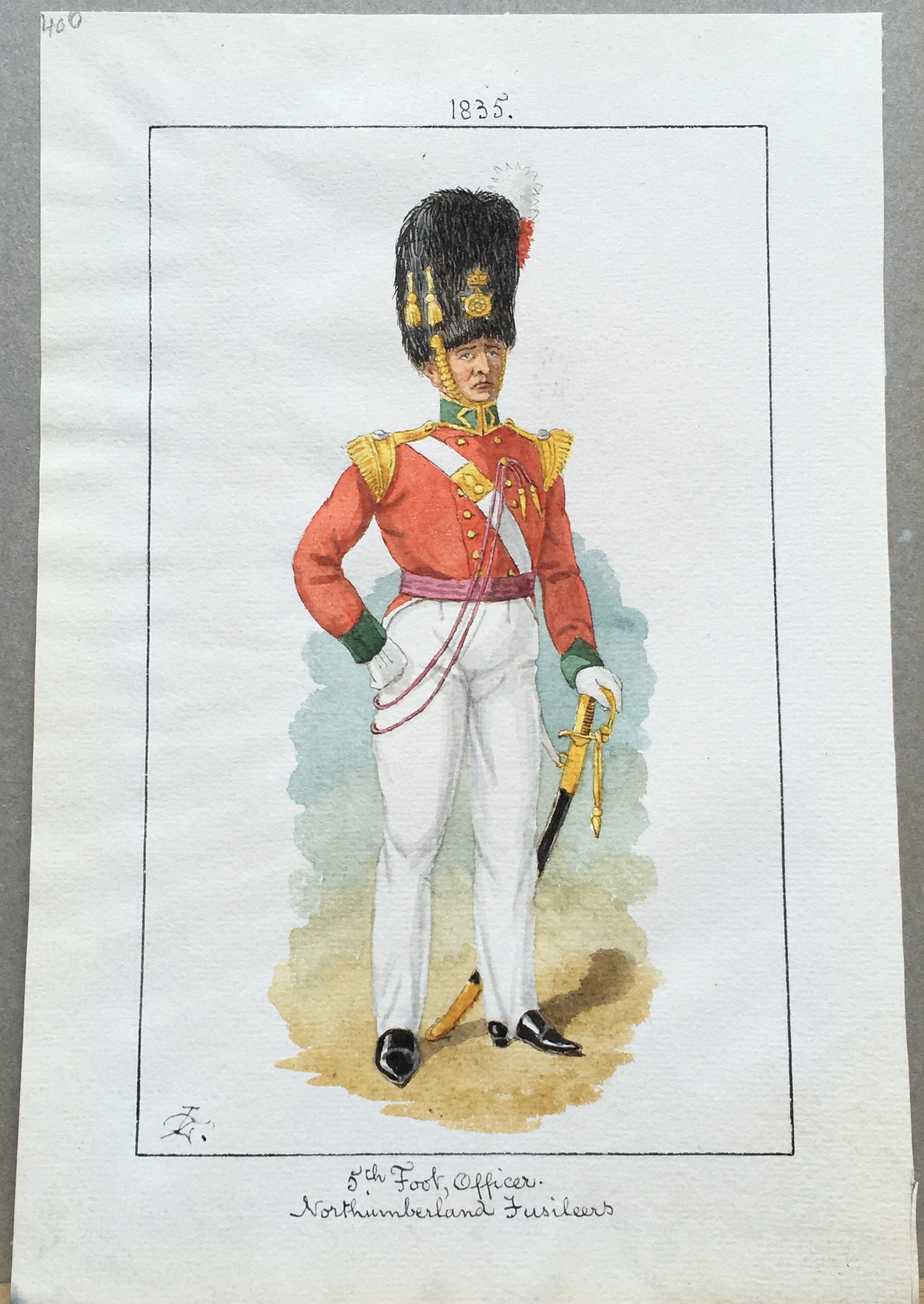 English School, Officer of 5th Foot (Northumberland Fusiliers) watercolour, indistinct monogram - Image 7 of 8