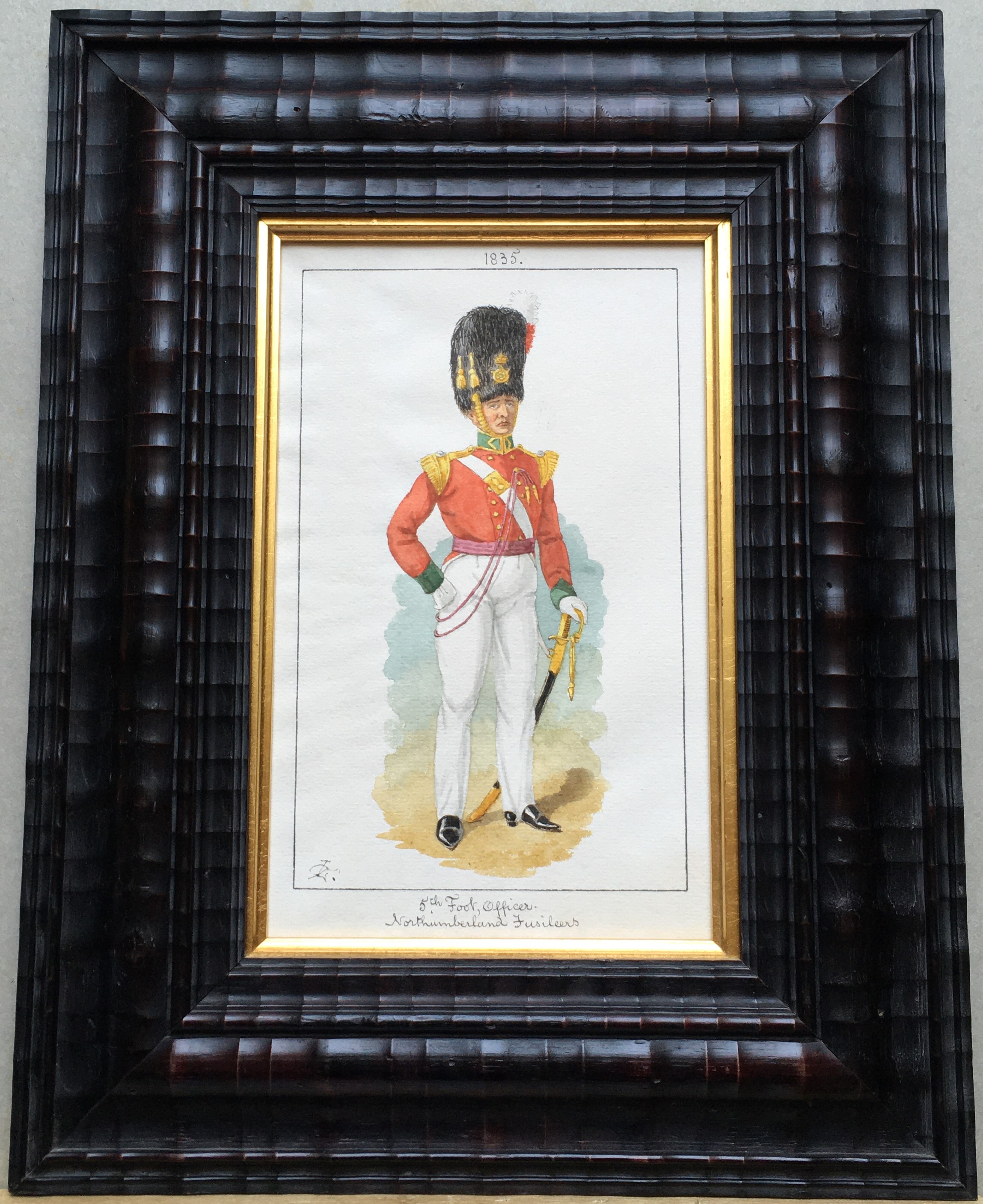 English School, Officer of 5th Foot (Northumberland Fusiliers) watercolour, indistinct monogram - Image 2 of 8