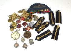 Military pocket watch, London police buttons and gorget collar tabs, etc