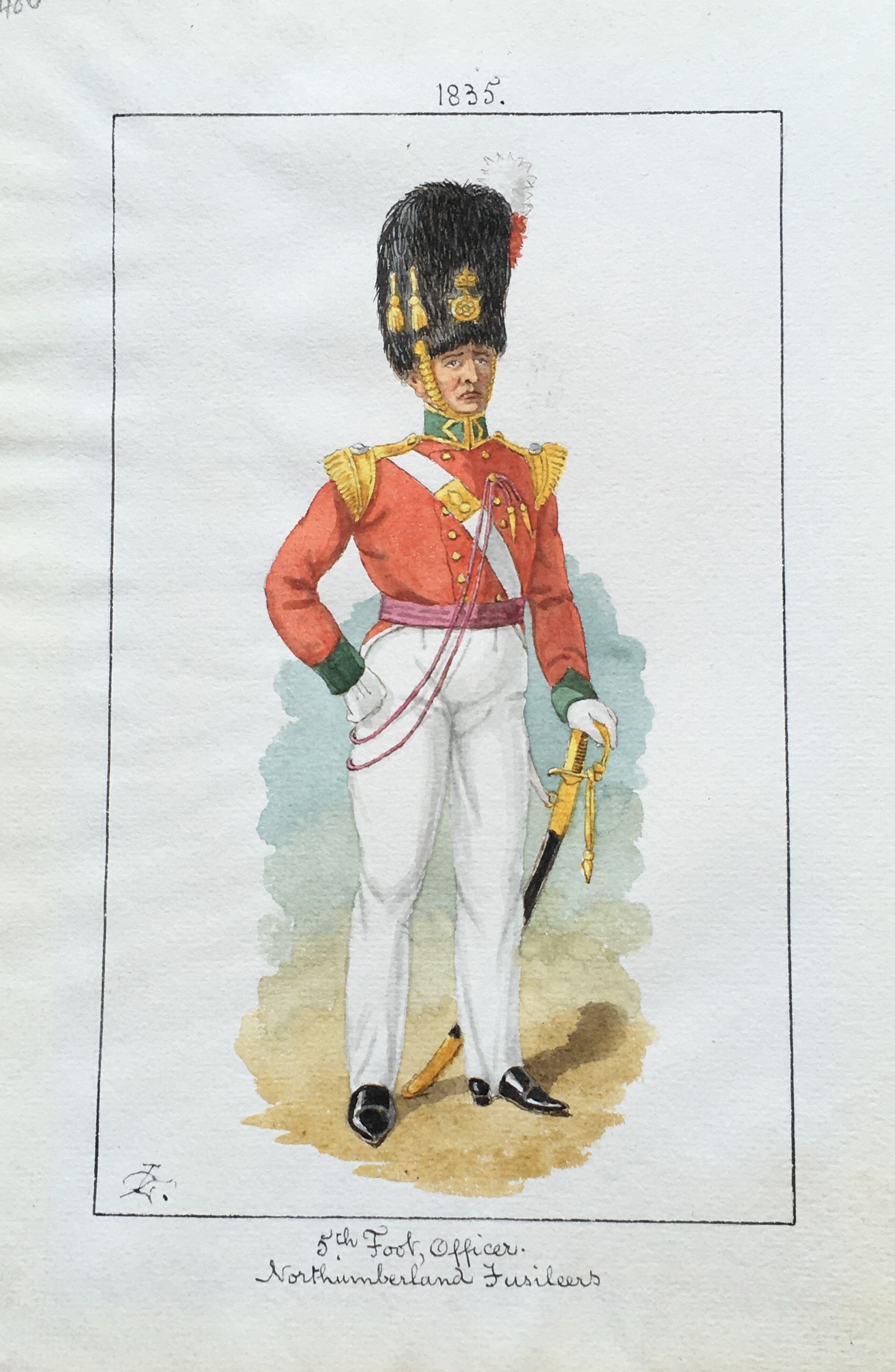 English School, Officer of 5th Foot (Northumberland Fusiliers) watercolour, indistinct monogram - Image 8 of 8