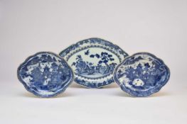 A pair of Chinese blue and white oval dishes and another, 18th century