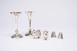 A pair of Japanese Konoike silver vases and two pairs of cruets