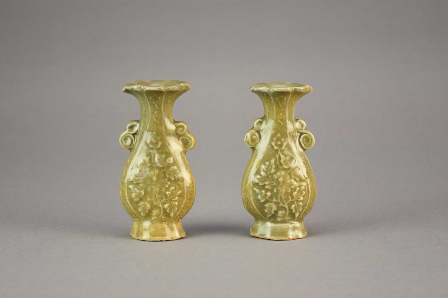 A pair of Longquan celadon vases, Yuan Dynasty