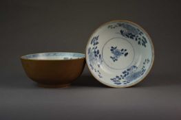 A pair of Chinese cafe-au-lait blue and white bowls from the Nanking Cargo