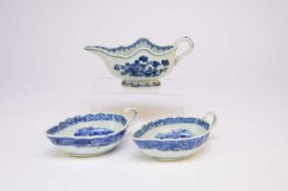 Three Chinese blue and white sauce boats, 18th century