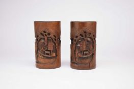 A pair of Chinese carved bamboo brush pots