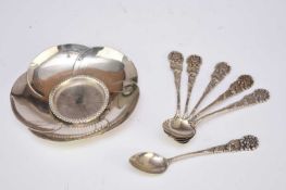 Six Chinese silver spoons and a small bowl