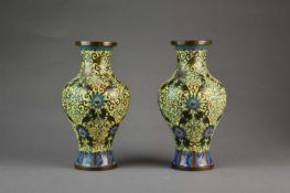 A pair of Chinese yellow-ground cloisonne vases