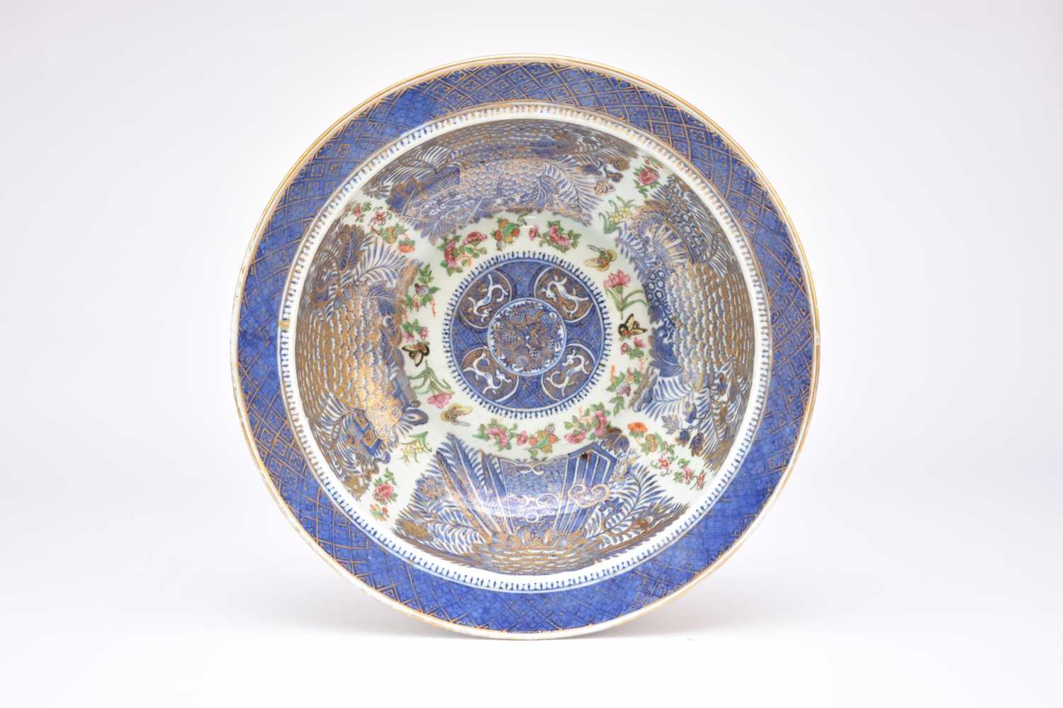 A Chinese export enamelled blue and white punch bowl, 18th century
