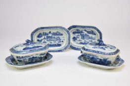 Two Chinese blue and white sauce tureens, covers and four associated stands