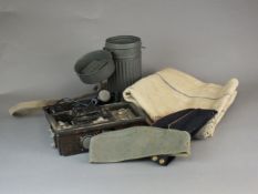Militaria including German field telephone, grain sack and gas mask canister.