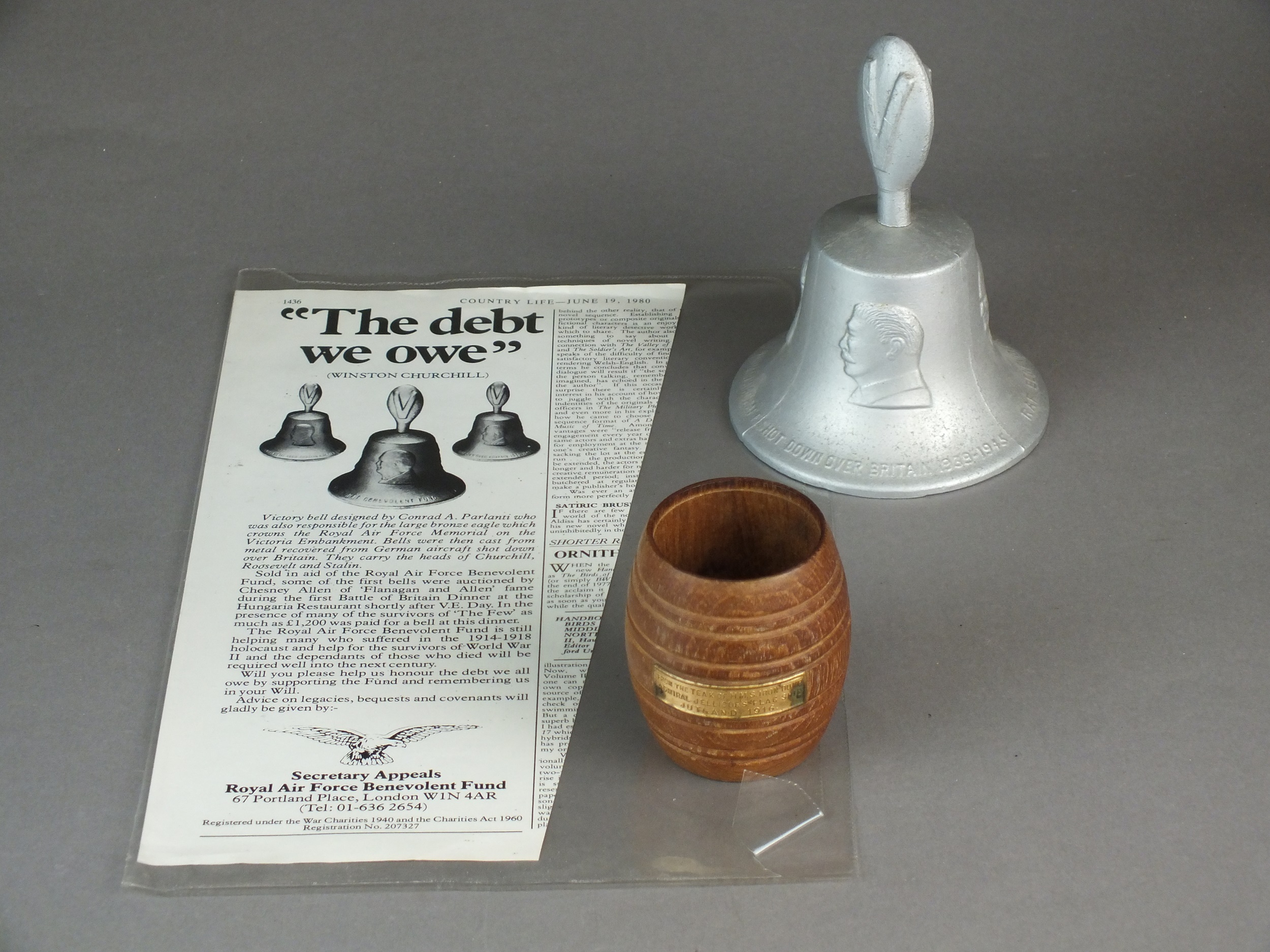 Royal Air Force Benevolent Fund bell and HMS Iron Duke barrel