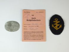 Kriegsmarine proficiency arm badge, Flak Gunners ID tag and German pass book
