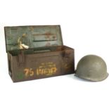 A Second World War 25 pounder ammunition box recovered from Cherbourg, lacking internal rack,