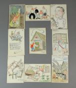 Eight postcard cartoons illustrated by Richard Bayer during internment at Huyton POW camp