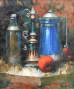 Nidia d'Alessandro (Italian-Brazilian b.1943) Still Life of Tankards, Bottles and an Apple