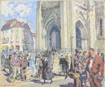 R Limousis (French School 20th Century) Market Day in front of Cathedral