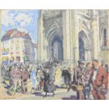 R Limousis (French School 20th Century) Market Day in front of Cathedral