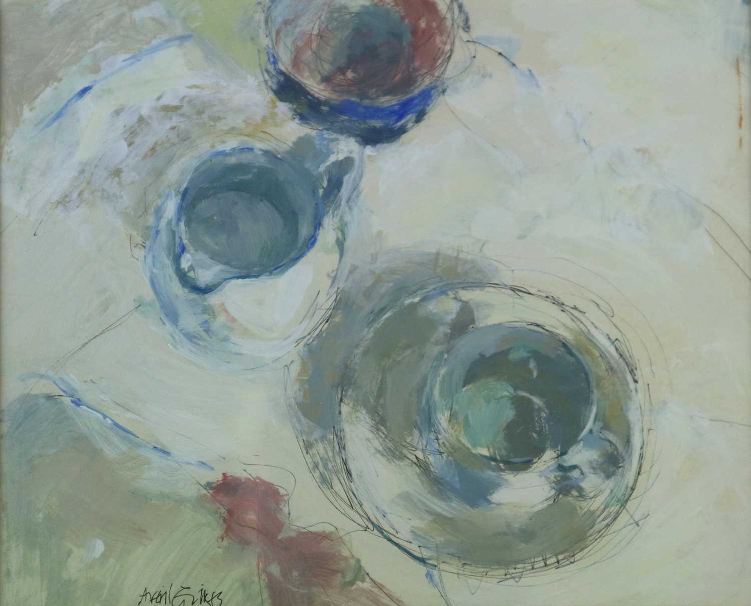 Averil Gilkes PS (British b.1945) Still Life with Jug and Cups